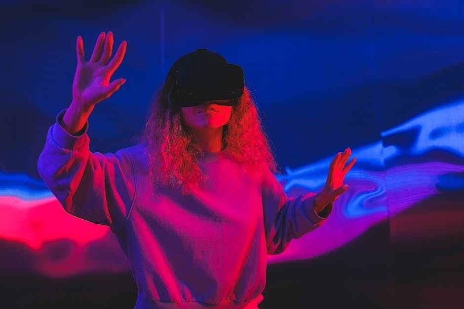 A woman immersed in a vivid virtual reality experience with colorful LED lighting