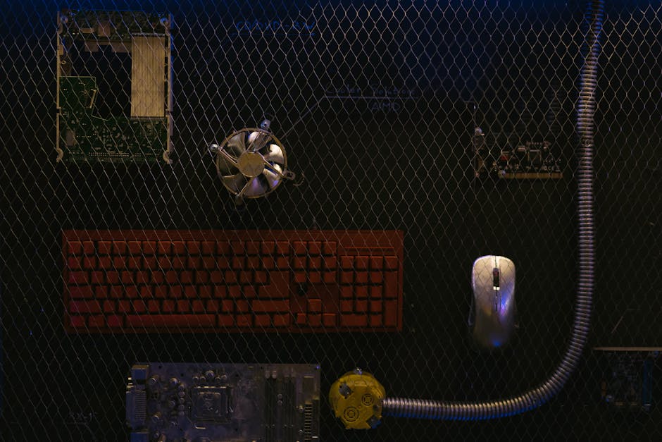 Pogled odozgo na komponente računalnog hardvera prikazane na žičanoj mrežnoj pozadini